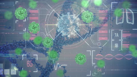 This illustration showcases COVID-19 virus representations combined with DNA sequences, creating a futuristic and scientific visual. The integration of digital elements evokes interest in biotechnology and the evolving landscape of global healthcare challenges. It can be used in online articles, scientific journals, or educational materials focused on pandemics, virology research, or technology-driven medicine advancements.
