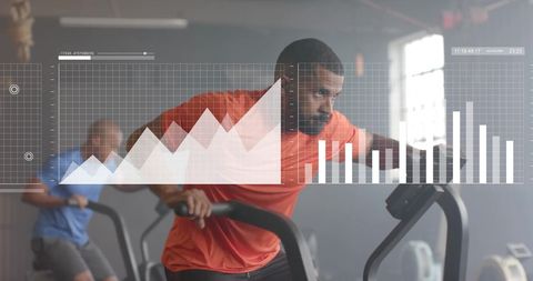 Men using elliptical machines with data illustrations