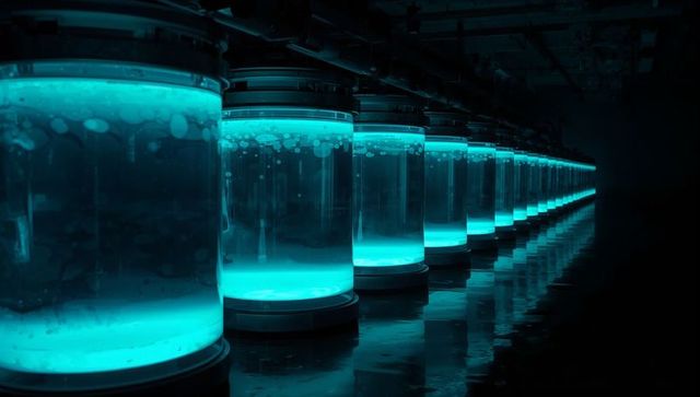 Glowing cyan bioreactor row stretching into dark lab corridor reflecting on wet floor
