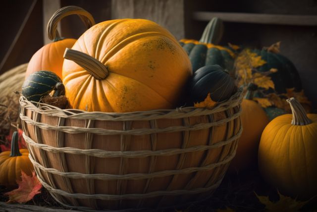 Basket filled with various pumpkins and gourds, nestled among hay and autumn leaves, creates rustic fall atmosphere. Ideal for fall-themed marketing, blog posts about autumn decoration, Thanksgiving celebration ideas, and seasonal greeting cards.