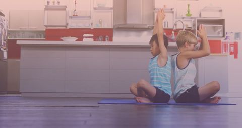 Children Practicing Yoga at Home in Modern Kitchen