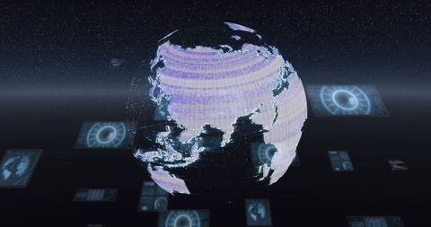 Rotating holographic globe projecting data-driven ui panels in futuristic control room