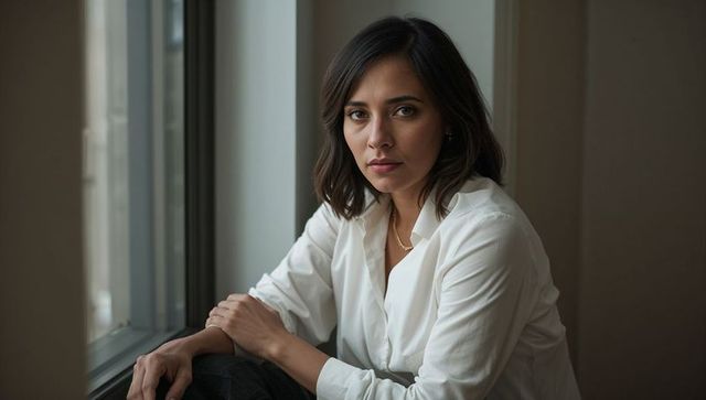 Woman gazing beside window wearing white blouse and gold necklace, moody natural light