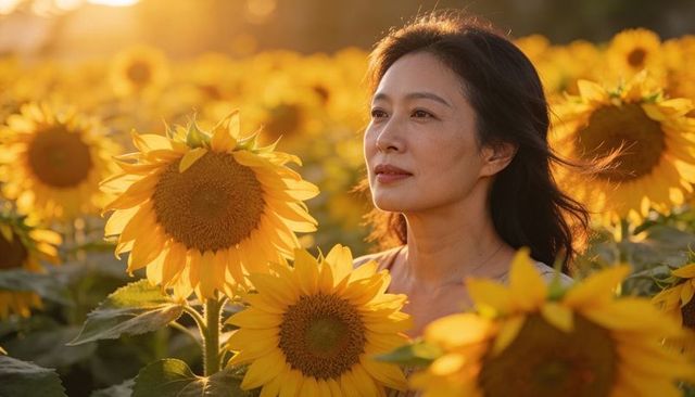 Serene asian woman gazing through sunflower field at golden hour backlit portrait