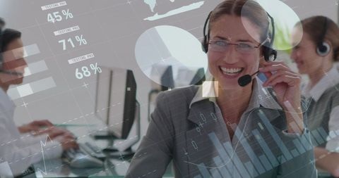 Businesswoman Communicating through Headphones with Digital Finance Overlay