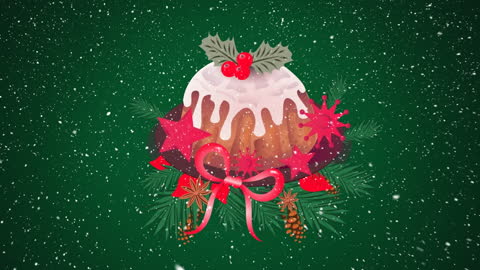 Festive Mistletoe and Pudding Illustration with Snowfall