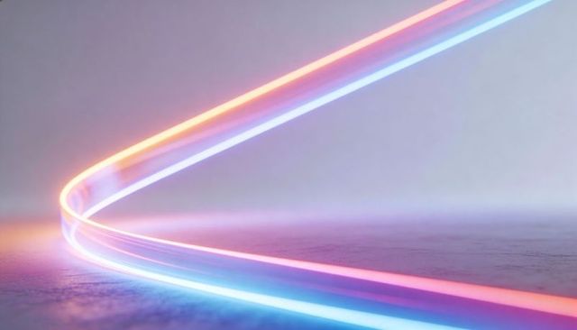 Curved neon light ribbons creating glowing gradient arc reflective floor minimalist abstract