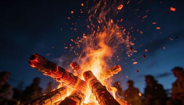 Crackling bonfire at dusk sending sparks into sky with silhouetted beach gathering