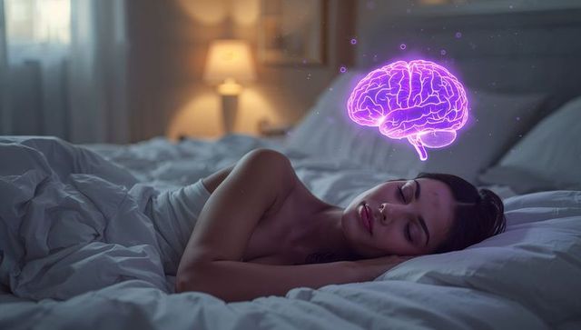 Sleeping woman with neon brain hologram hovering above head dream and neuroscience concept
