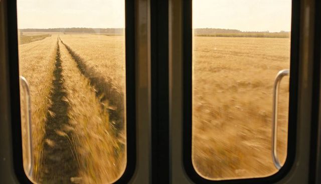 Framing rounded train door windows revealing golden wheat track across farmland