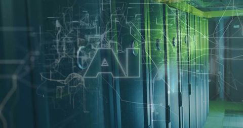 Futuristic Server Room Corridor with AI Technology Overlay