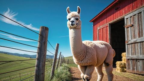 Charming cream and brown llama on farm trail near rustic red barn