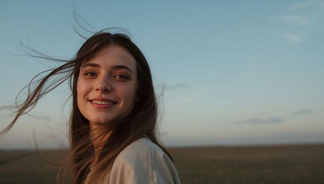 Smiling young woman standing in wide grassland at sunset with windblown hair and calm sky