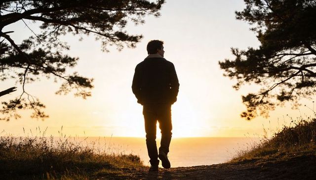 Solitary man walking toward sunset on coastal bluff overlooking ocean and pine trees at golden hour