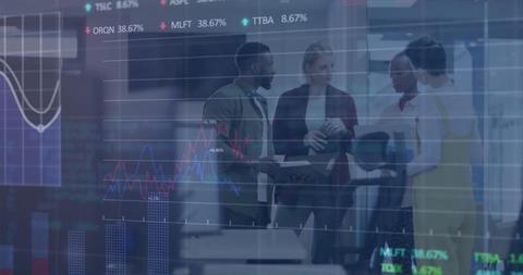 Financial Team Discussing Business Strategy in Office with Stock Market Graphs Overlay - Download Free Stock Images Pikwizard.com