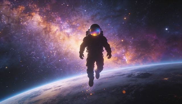 Solitary astronaut drifting above earth limb with iridescent visor and galactic nebula