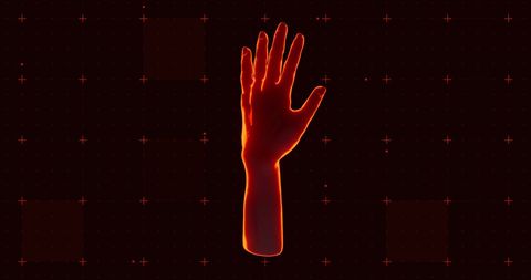 Holographic Hand on Black Background with Red Highlights