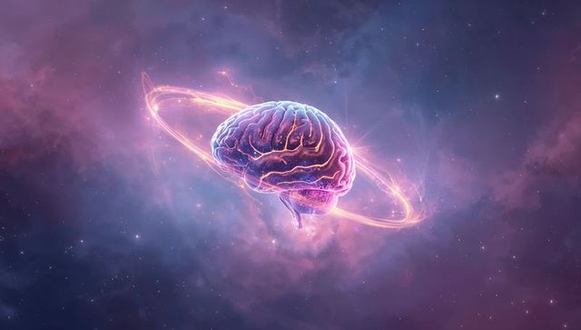 Neon cosmic brain with orbital energy ring symbolizing futuristic cognition and ai