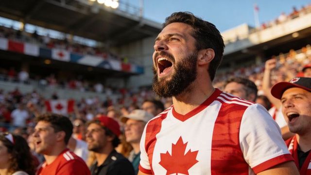 Bearded fan shouting in red and white canada jersey at sunlit packed stadium
