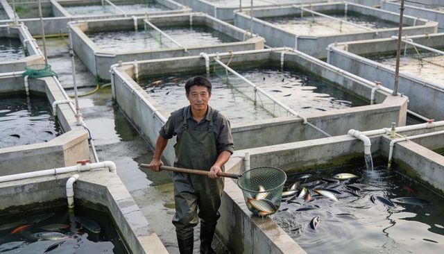 Aquaculture worker harvesting fish in concrete tanks using landing net and pvc plumbing