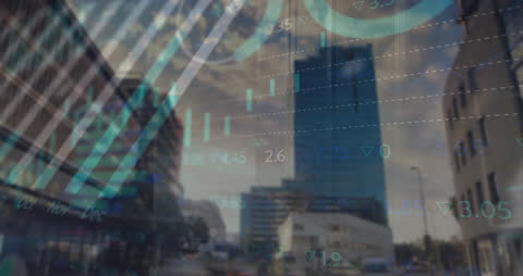 Digital Composite of Office Buildings with Stock Market Graphs