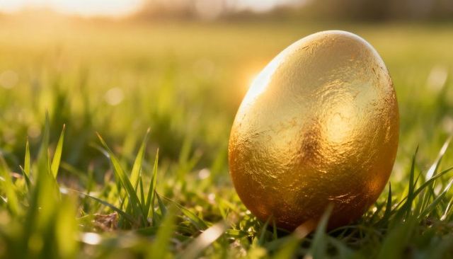 Gilded golden egg resting in sunlit grass at sunrise, shining foil closeup with bokeh