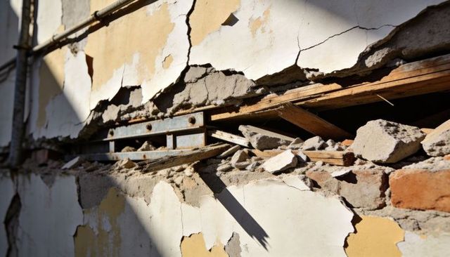 Cracked urban facade revealing plaster, exposed brick, lath and corroded steel lintel