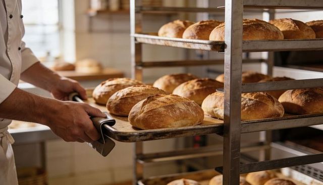 Baker placing hot tray of crusty artisan sourdough loaves on stainless steel rack
