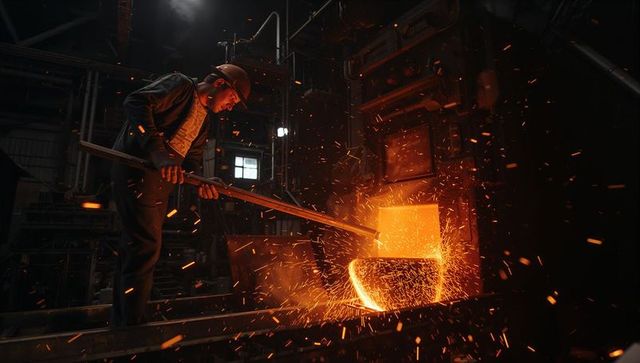 Foundry worker guiding molten metal pour into ladle with sparks and industrial glow