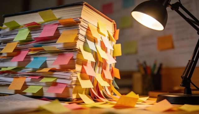 Binder overflowing with colorful sticky notes on cluttered study desk under warm lamp light
