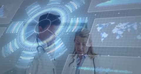 Medical Professionals Analyzing Data with Futuristic Digital Interface