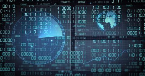 Cybersecurity radar dashboard displaying binary data and global map HUD