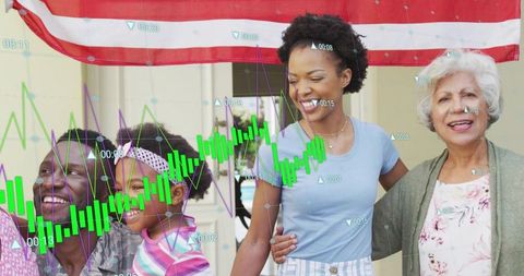 Smiling multigenerational family celebrating porch under American flag with data overlay
