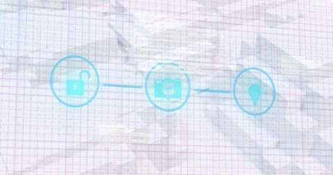 Digital network with security, media, and location icons on grid