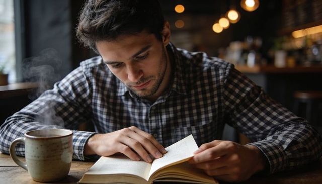Young man reading novel and leaning over open book in cozy cafe with steaming coffee