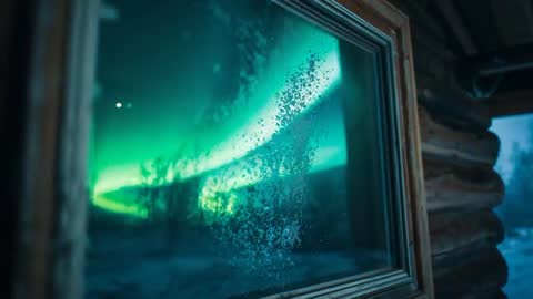 Reflecting Aurora Borealis on Frosted Log Cabin Window — Nighttime Wilderness Footage