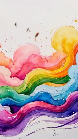 Vertical watercolor waves flowing in vibrant rainbow brush strokes