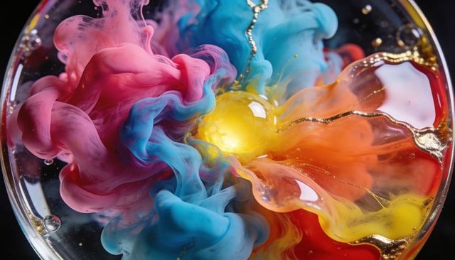 Swirling vivid inks diffusing in petri dish with gold veins and glowing central droplet