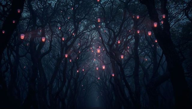 Magical forest path illuminated by mystical red lanterns