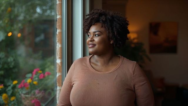 Contemplative black woman gazing out large window in cozy home interior with plants