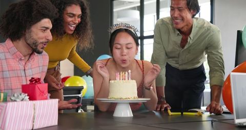 Multiracial Team Celebrating Birthday in Modern Office