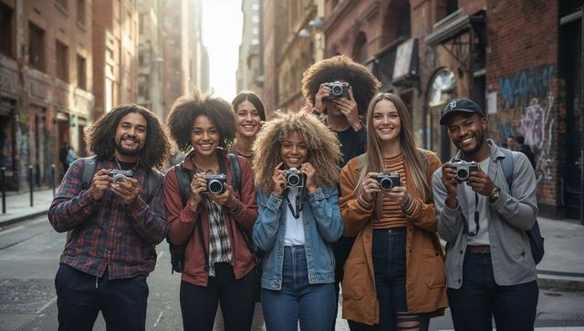Backlit urban meetup with diverse young photographers holding cameras in graffiti alley