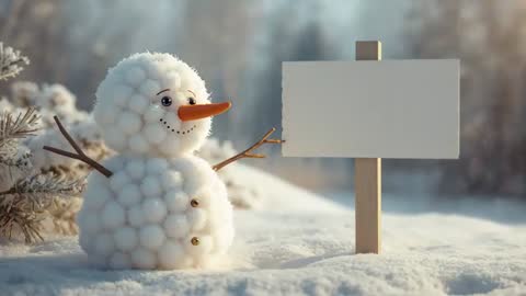 Whimsical Snowman in Snowy Forest Gesturing at Blank Sign