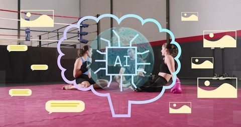 Three boxers resting in ring with ai coaching overlay, training collaboration and focus