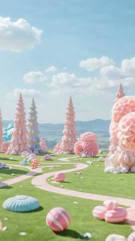 Vertical video panning through whimsical pastel candy meadow with rolling striped sphere