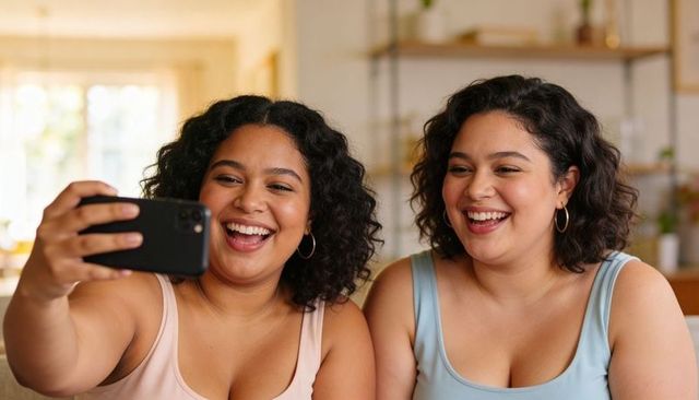 Two friends taking selfie on home sofa laughing together in cozy living room