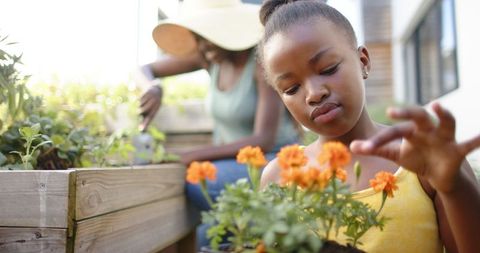 Young Girl Planting Flowers with Mother in Backyard Garden