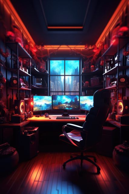 Room with screens with video game and gaming chair, created using generative ai technology - Download Free Stock Photos Pikwizard.com