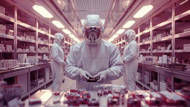 Technicians in protective gear inspecting circuit boards in cleanroom