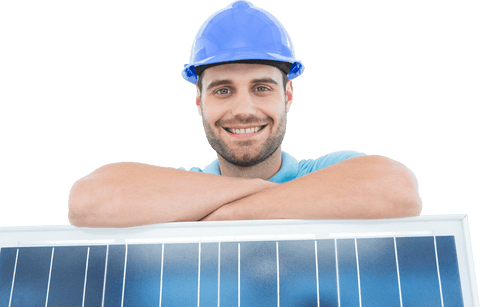 Smiling engineer with transparent solar panel